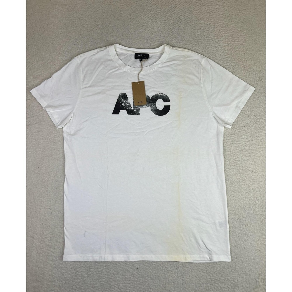 A.P.C. Shirt Mens XL White Logo Graphic Cotton Tee Short Sleeve Crew Neck NEW